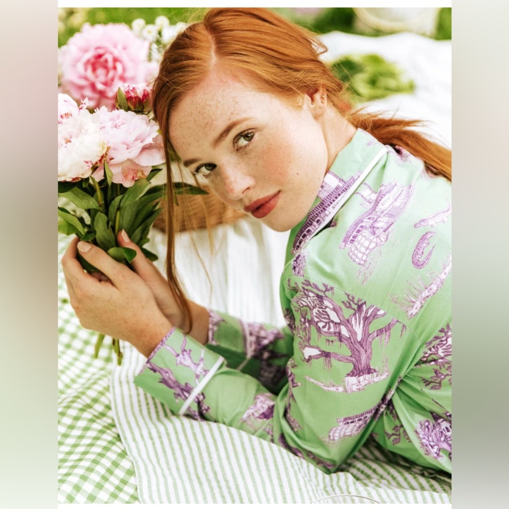 KATIE KIME New Orleans Toile pajama set in green and purple Mardi Gras - Picture 2 of 13